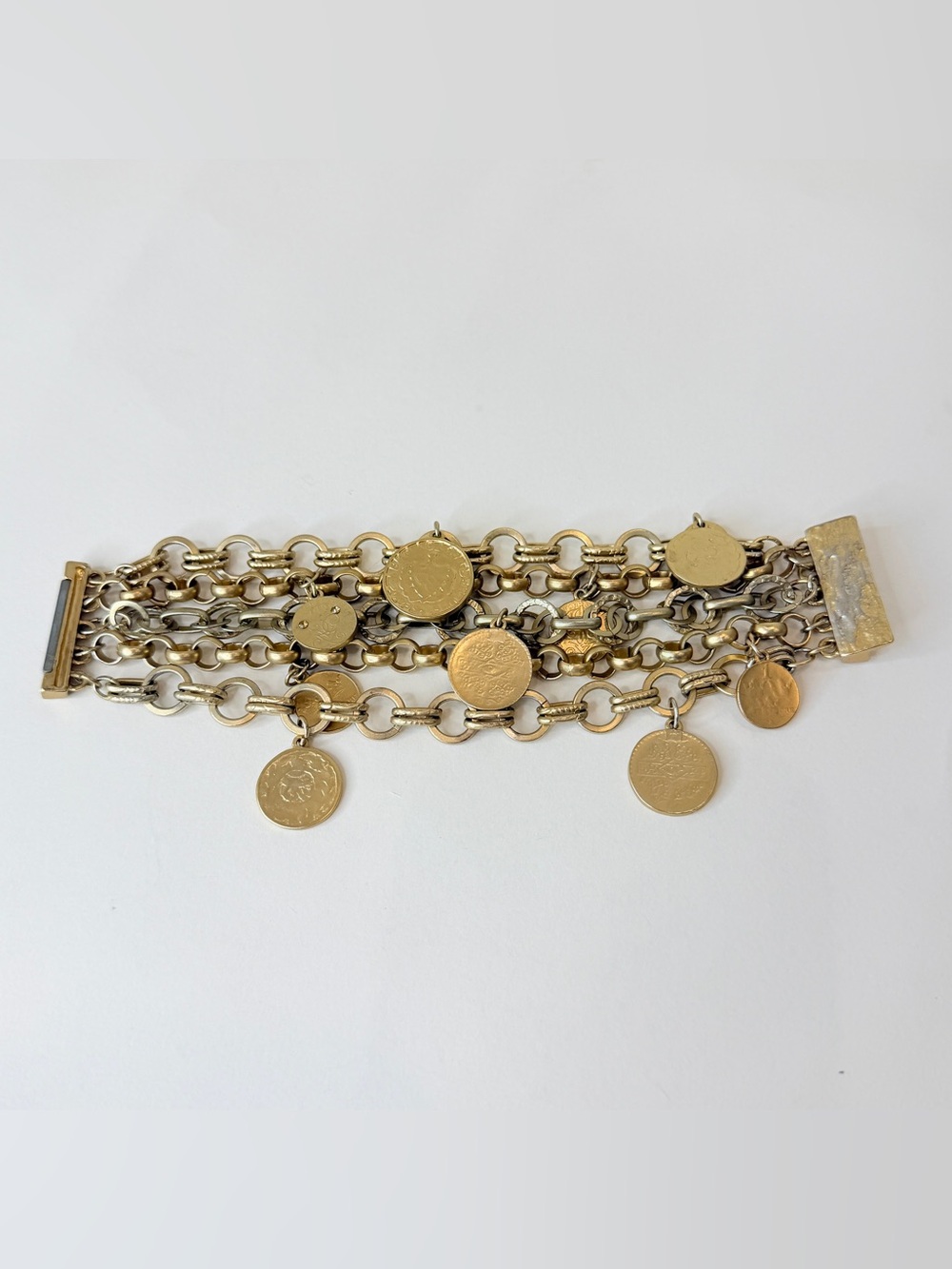 Chico’s Multi Strand Coin Charm Bracelet Mixed Metal Magnetic Clasp Chunky